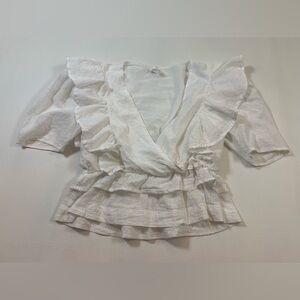 Storia small ruffled top white Vneck puffed sleeves multi layered (bin i)